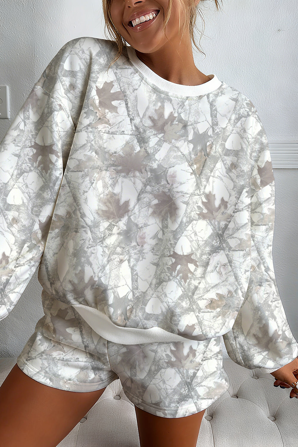 Brown Camouflage Print Round Neck Drop Sleeve Shorts Set