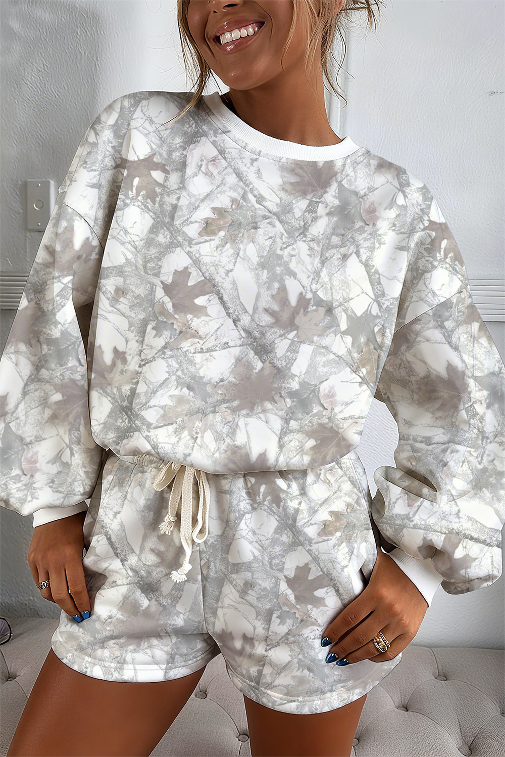 Brown Camouflage Print Round Neck Drop Sleeve Shorts Set