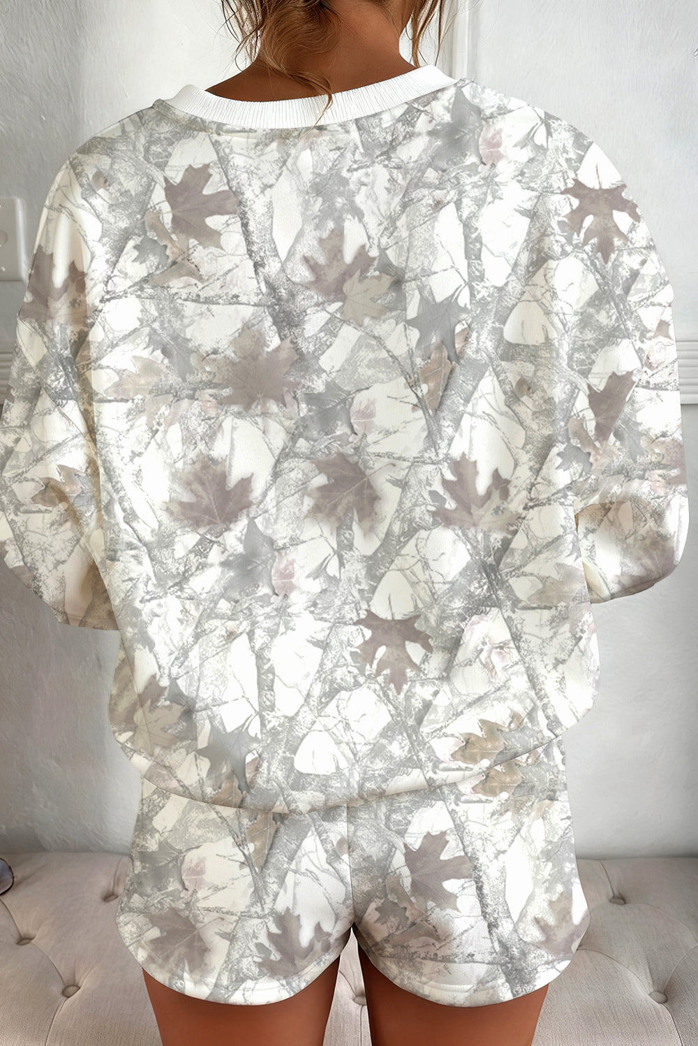 Brown Camouflage Print Round Neck Drop Sleeve Shorts Set